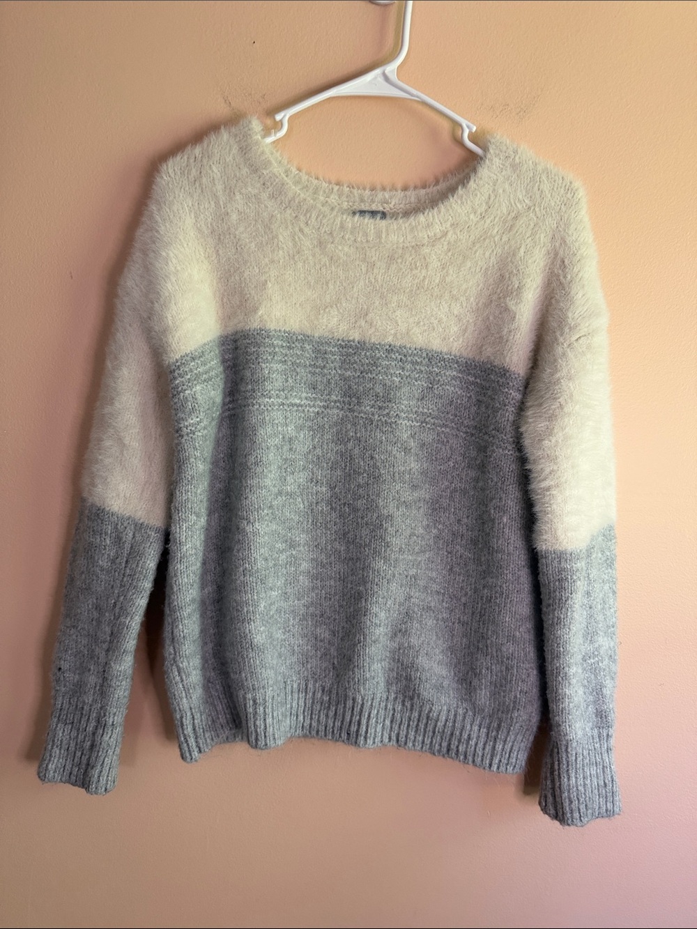 Charlotte Russe Cream and Gray Fuzzy Colorblock Crewneck Sweater